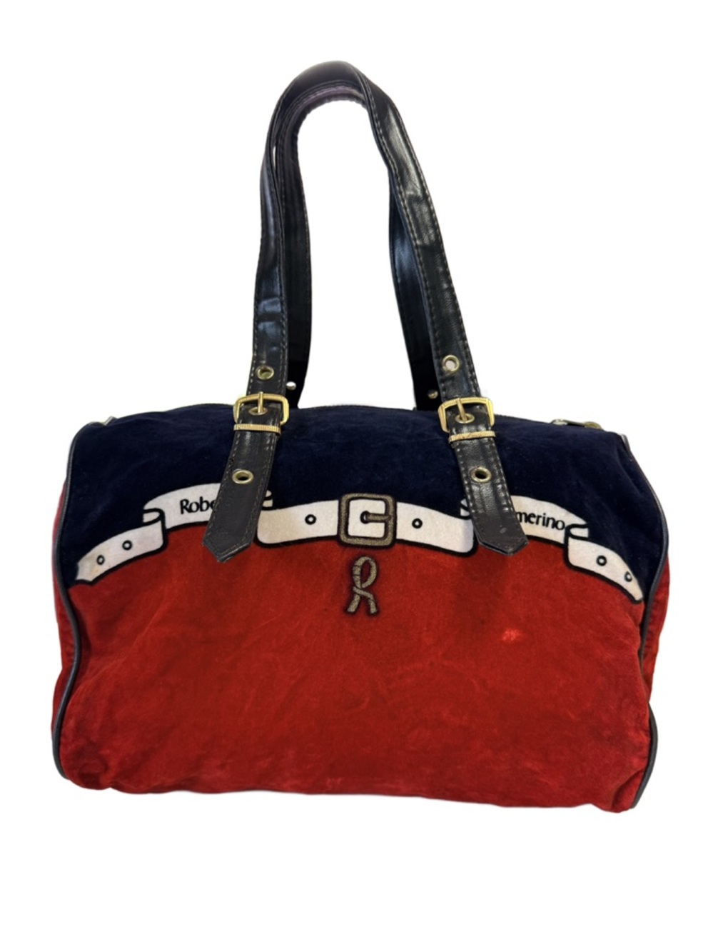 Roberta di Camerino Red and Navy Velvet Illusion Boston Bag with Black Straps